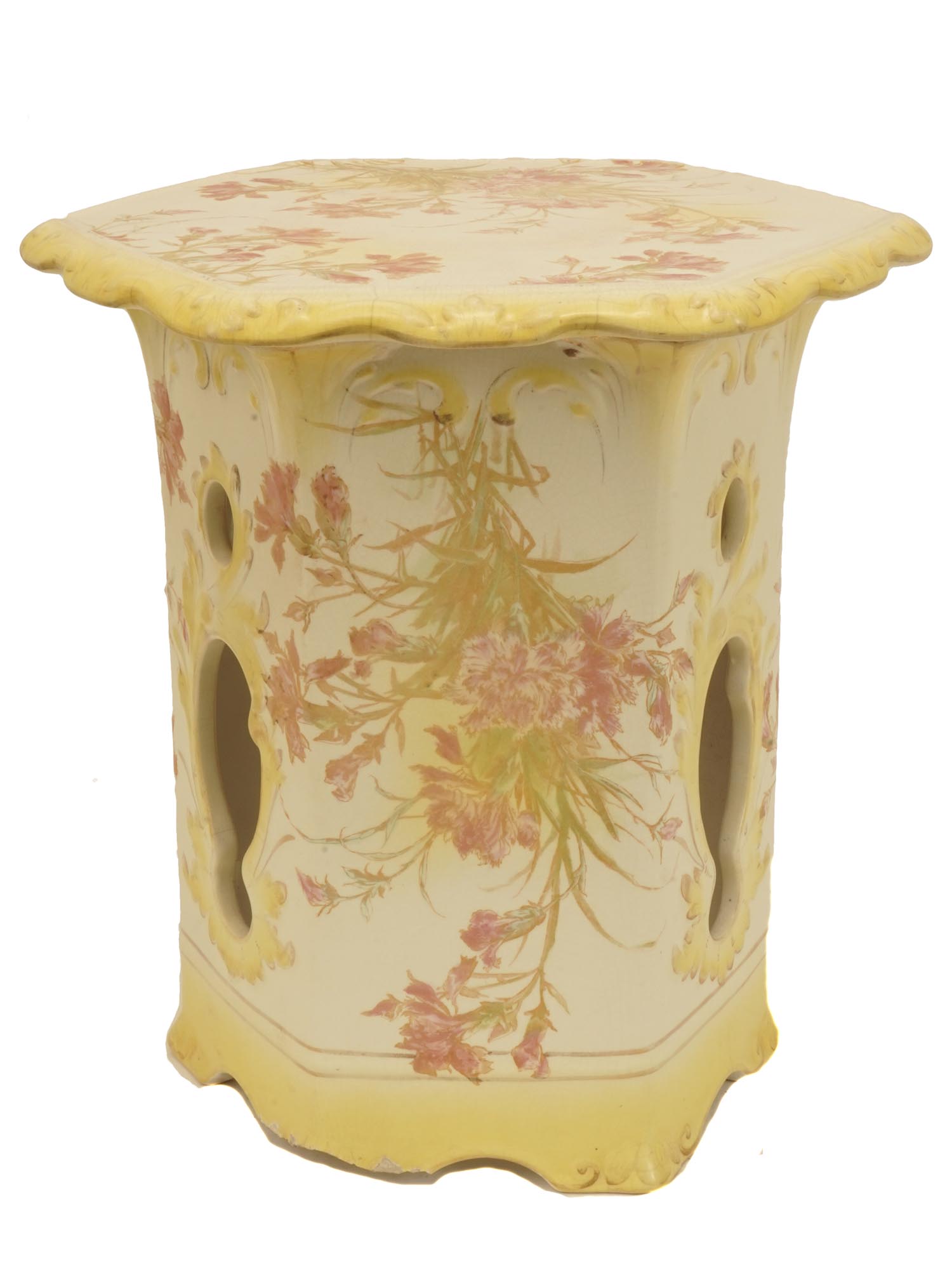 JAPANESE HAND PAINTED YELLOW PINK PORCELAIN STOOL PIC-3